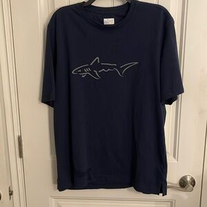 Greg Norman Men’s Sz L Short SleeveTee Navy w/silver Shark Print . Golf shirt